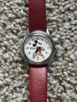 Disney Time Works Mickey Mouse Quartz Wrist Watch Red Leather Band Women 1996