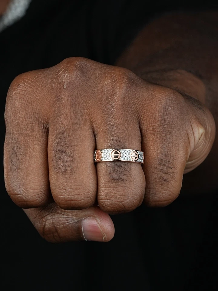 Real Iced Moissanite Eternity Band Wedding Screw Ring 14k Rose Gold 925 Silver - Image 4 of 4