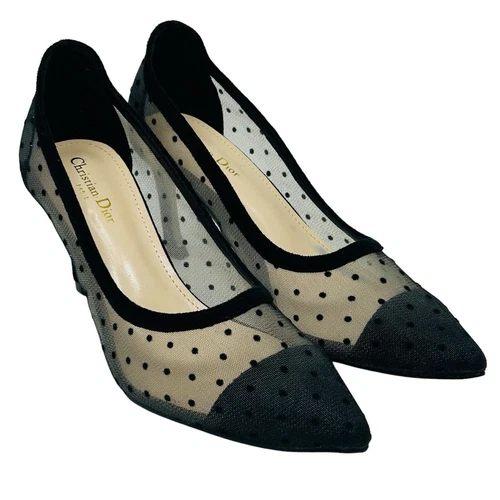 Escarpins Christian Dior D Moi à pois taille 37 6,5 noir talons 3" maille bout pointu