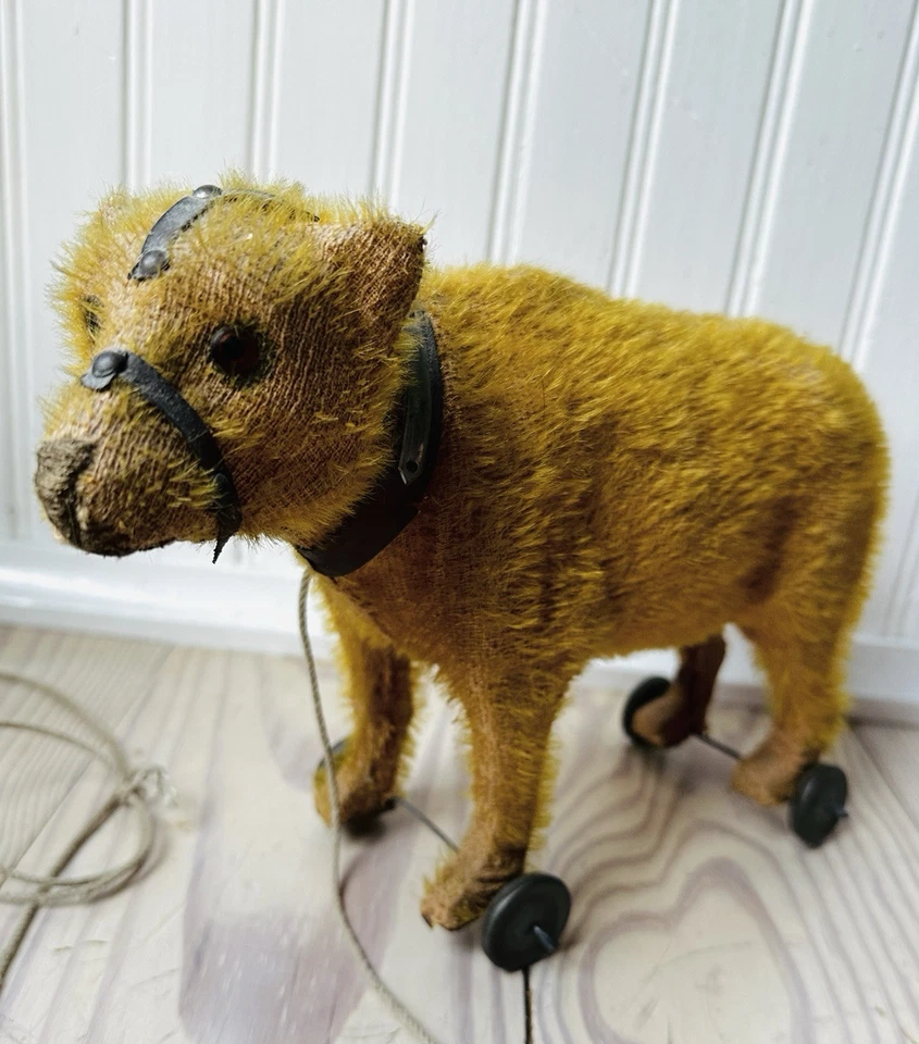 古董德国马戏团熊拉玩具-早期玻璃眼马海毛熊原版复古 — 第 2/4 张图片