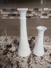 2 Vintage White Milk Glass  Vases Anchor Hocking Stars and Bars 9"  And  6" tall