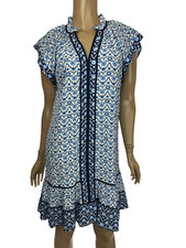 Loft Sz XS Shift Dress White w Blue & Black Floral Cap Sleeves Ruffled Hem