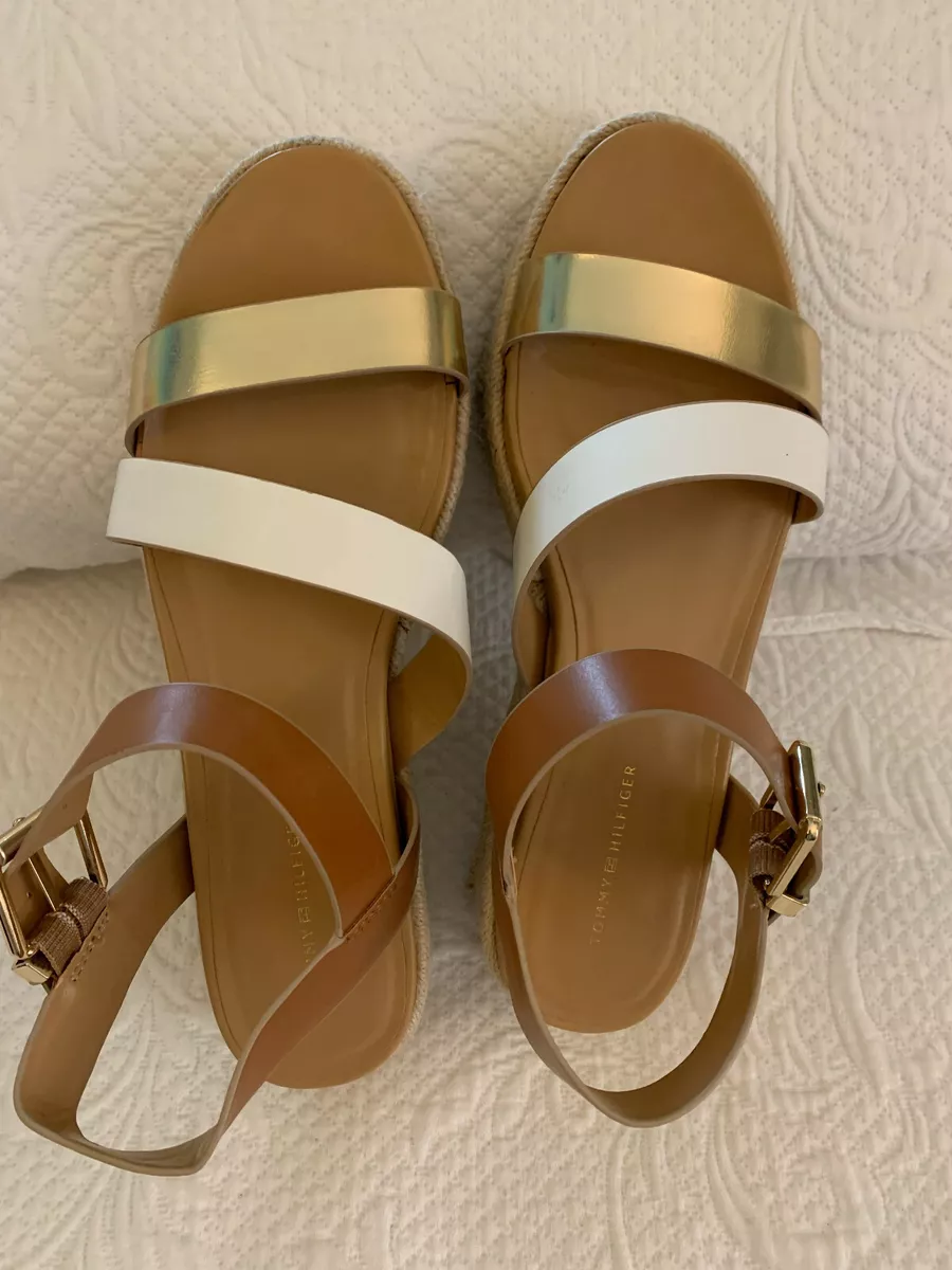 Tommy Rope Platform Strappy Beige/GoldWhite Sandal Size 8 | eBay