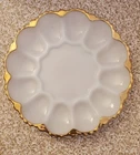 Vintage Anchor Hocking Milk Glass Deviled Egg Plate with Gold Trim - 10" - P2