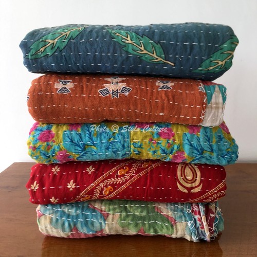 5 Pcs Lot Multicoloured Bed Runner Kantha Quilt Vintage Twin Bedspreads - Bild 2 von 4