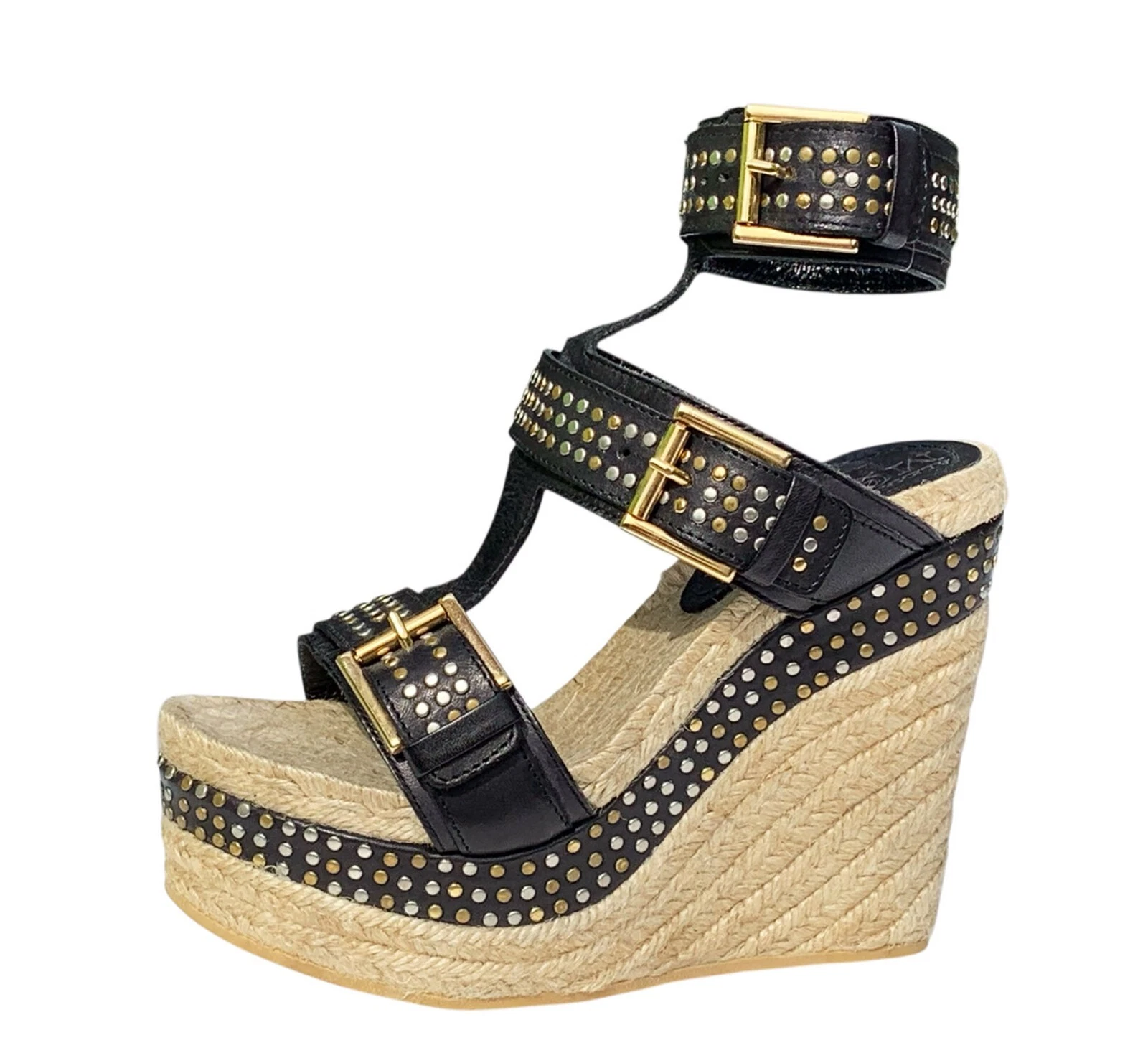 Nuova espadrillas Alexander McQueen in pelle nera con borchie zeppa 36 US 6