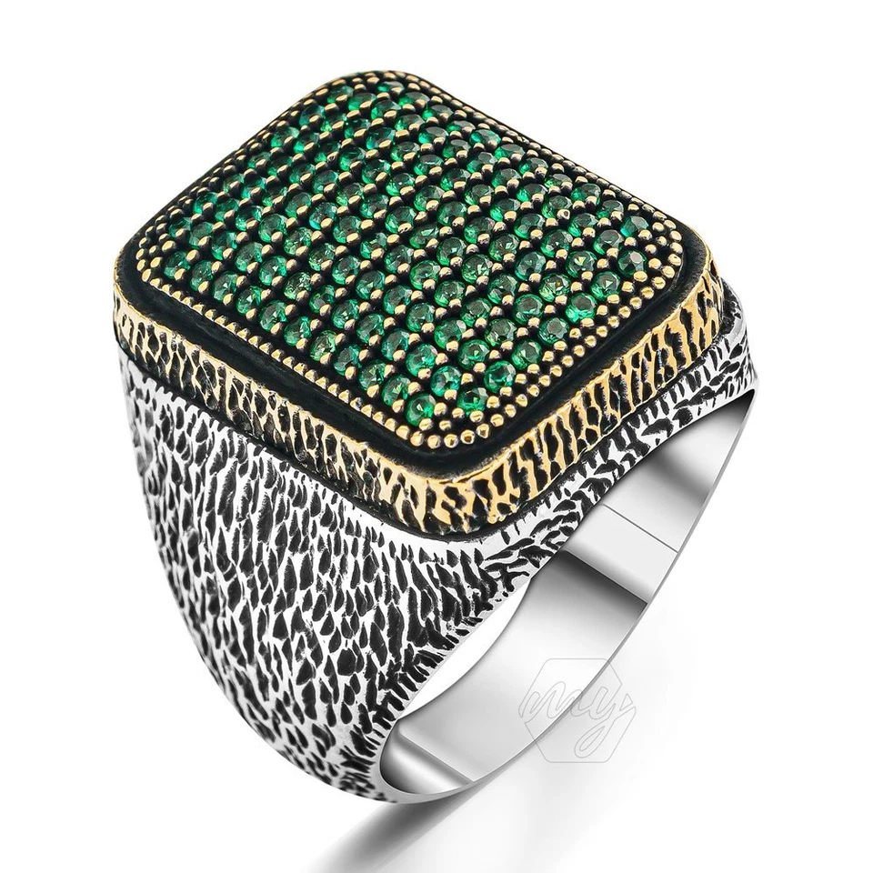 Anillo de plata de ley 925 con piedra de circón verde estilo turco para hombre Foto 2 de 3