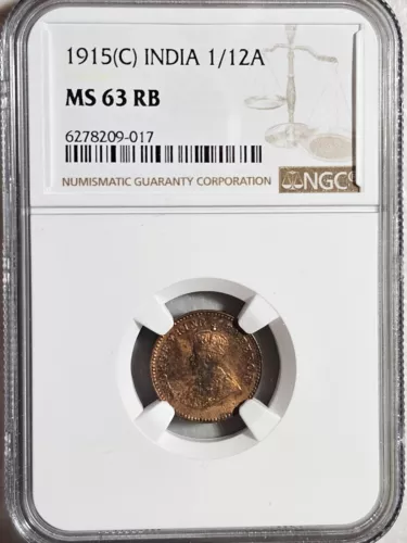 India 1/12 Anna 1915C NGC MS 63 RB