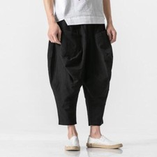 Mens Cotton Linen Loose Oversize Shorts Wide Legs Cropped men Pants Pockets