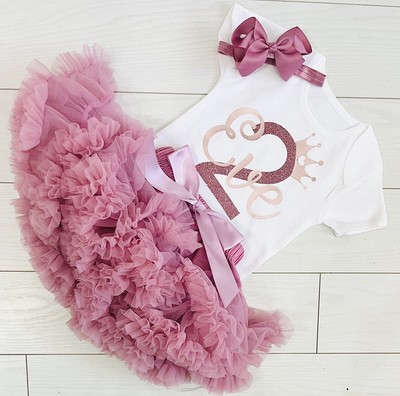 Girls Custom 2nd Second Birthday Outfit Tutu Skirt Set Dusky Pink Headband Party