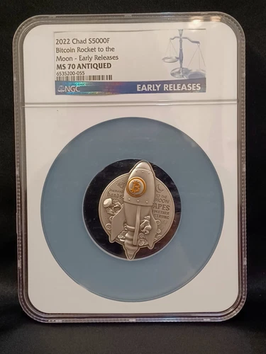 2022 Chad Bitcoin Rocket ship to the Moon 1oz Silver 999 MS70 NGC Early Releases