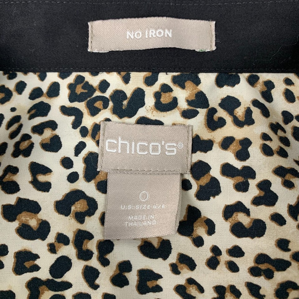 Chicos Women's No Iron Button Up Shirt 0 Small Leopard Black Tan Long