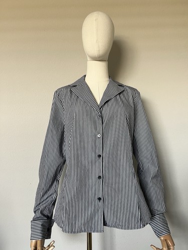 Lafayette 148 New York Size 10 Striped Button Down Shirt Cotton Black White