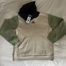 New Large Adidas Youth Fleece Graphic Logo Pullover Hoodie, Tan Green, L 14-16