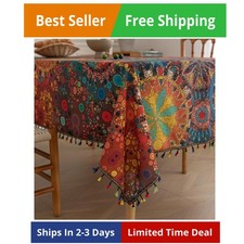 Boho Tablecloth for Square Tables,Fringed Edges with Geometric Pattern Tableclot
