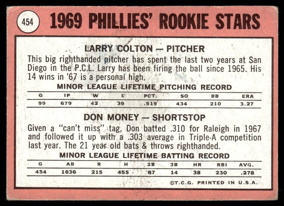 1969 Topps Rookie Stars White Letter (MK) RC Philadelphia Phillies #454 - Image 2 of 2