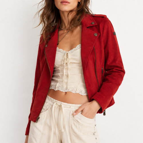 Roxy Moto Jacket Womens Small Red Orange Faux Suede Biker Zip Motorcycle Coat