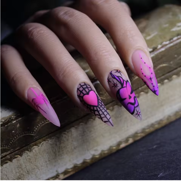 Halloween Stiletto Press On Nails Long Black False Nails Ghost Spider Design 24pcs