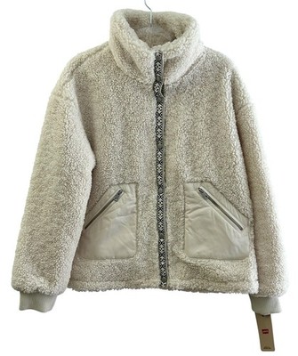 NWT Levi's Women's Button and  Zip Sherpa Teddy Jacket Cream Mid-Length Size M