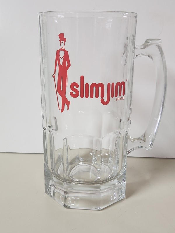 Slim Jim Brand Large 32oz Glass Beer Mug Heavy Clear Red Drinking Party Stein 8"