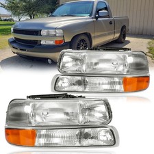 Headlights W Bumper Light Headlamps For 99-02 Silverado 00-06 Tahoe Suburban