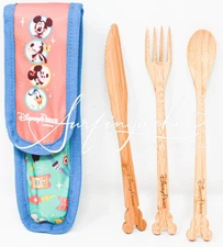 Disney Parks Disneyland Mickey Mouse Utensil Set Fork Knife Spoon 3pc Bamboo New