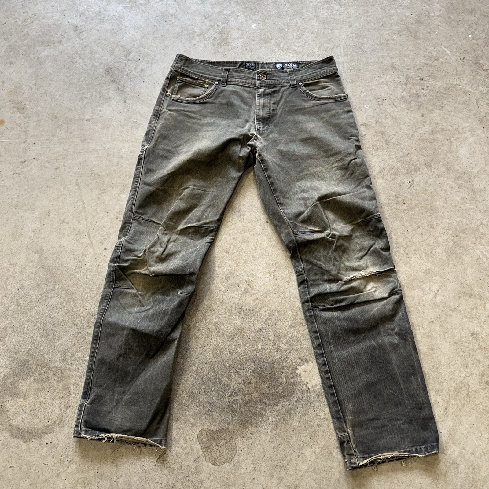 Kuhl Rydr Lean Pants Mens 35x32 Green Canvas Hiking Workwear Vintage Patina Dye