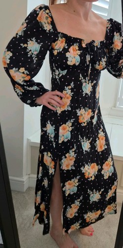 Miss Selfridge Black Floral Long Sleeve Square Neck Midi Dress UK 8