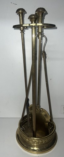 Vintage 4 Piece BRASS FIREPLACE POKER SET~Fire Tool*Tongs*Shovel*Round Base - Picture 8 of 24