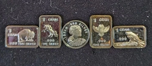 5 x 1 Gram .999 Fine Silver Bars and Round Lot Assorted Designs. Unique & Fun:)