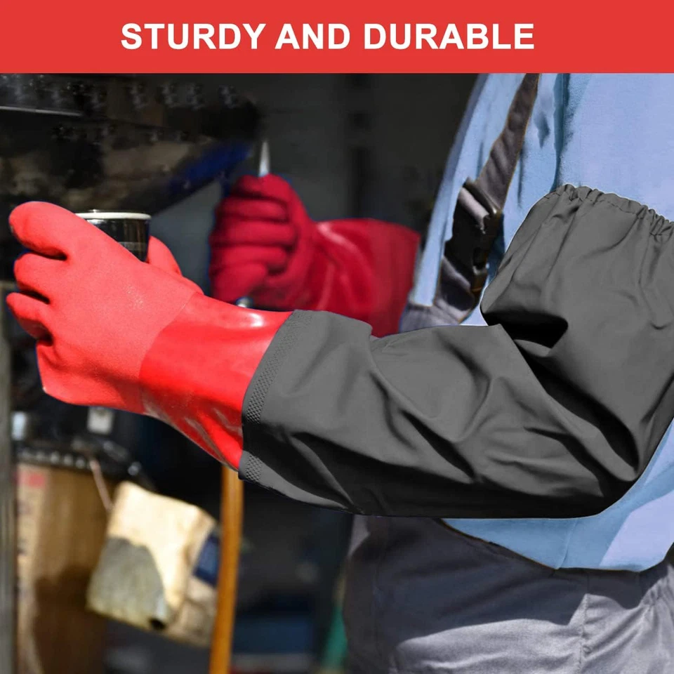 Guantes de goma impermeables de brazo largo Haiou para hombre y mujer, 25 pulgadas, rojos Foto 3 de 4