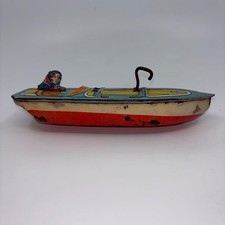 Vintage 1940's J. Chein Tin Litho Wind Up Speed Boat Toy 7" Long