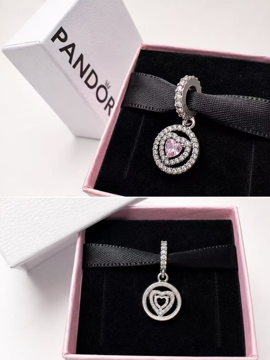 PANDORA #791476C01 Pink Heart Charm Pendant Clear Rhinestone Halo Charm NO BOX View 4