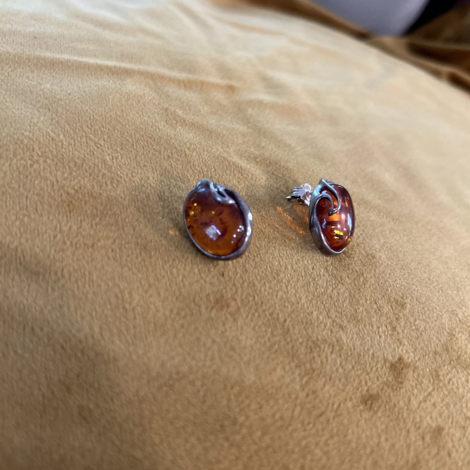 Conjunto de brincos de âmbar vintage em prata esterlina perfurados pós Rússia Báltica - Imagem 2 de 4