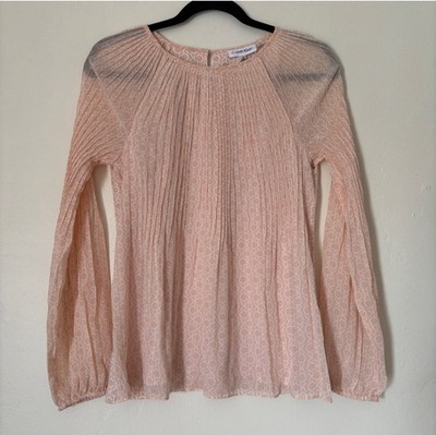 Calvin Klein Beige Pleated Sheer Keyhole Back Lined Logo Graphic Long Sleeve,XS 