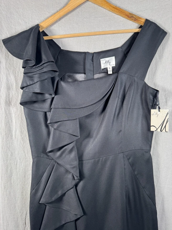 Nuevo Vestido Negro Milly of New York Talla 8 Volantes Hasta la Rodilla Sin Mangas Lana de Seda Foto 2 de 4