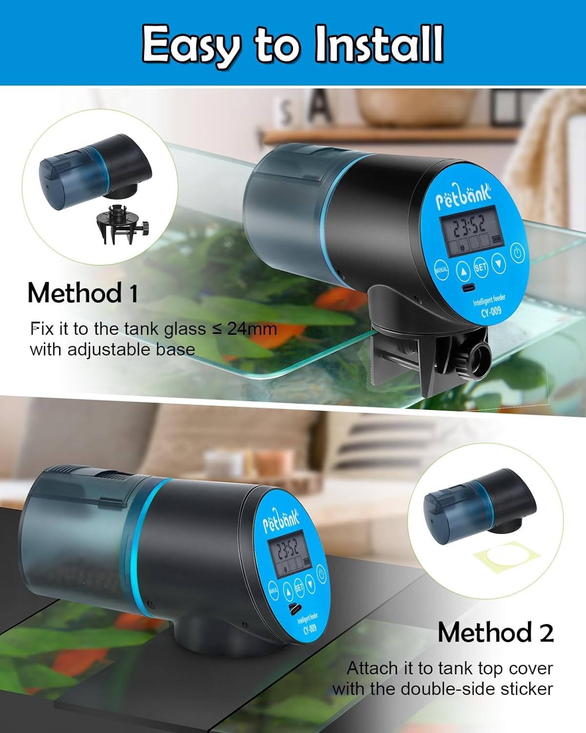 Mangiatoia automatica per acquari: distributore automatico di mangime per pesci con cavo di ricarica USB (blu) foto 4