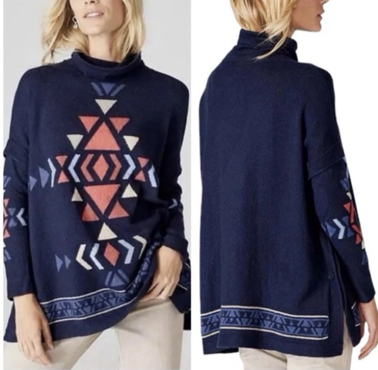 NEW J Jill Poncho Sweater Blue Aztec Southwest Relaxed Oversized Size Medium