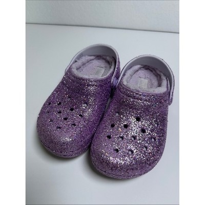 Crocs Kids Classic Glitter Lined Clogs Purple Sparkle Size 13C