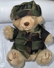 1991 Vintage Heartwarmers 10" Golden Brown Bear Plush Military Camouflage Outfit