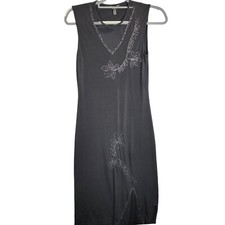 Vtg Y2K Black Floral Embroidered Midi Dress Fairycore Goth US 8 Brand Dori