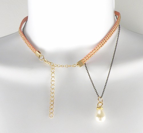 Faux Leather Choker 11.5" Lobster Closing Necklace with Synthetic Pearl Pendant - Picture 6 of 16