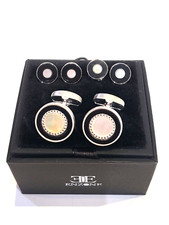 Enzone Tuxedo Stainless Stud Set Shirt Cufflinks Black Enamel Mother Pearl