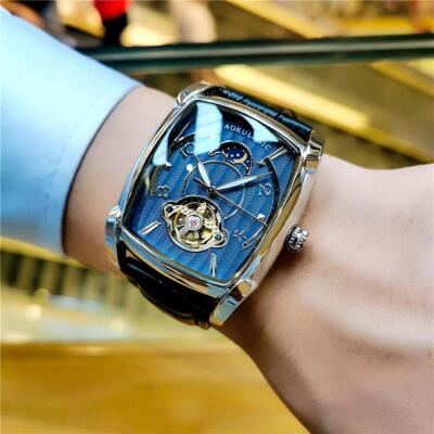 New Tonneau Moon Phase Automatic Watch for Men Luxury Tourbillon Skeleton Watch