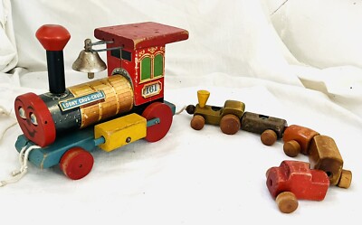 1958 Fisher Price #161 LOOKY CHUG-CHUG Wood Pull Toy Eyes Roll Bell + Extras