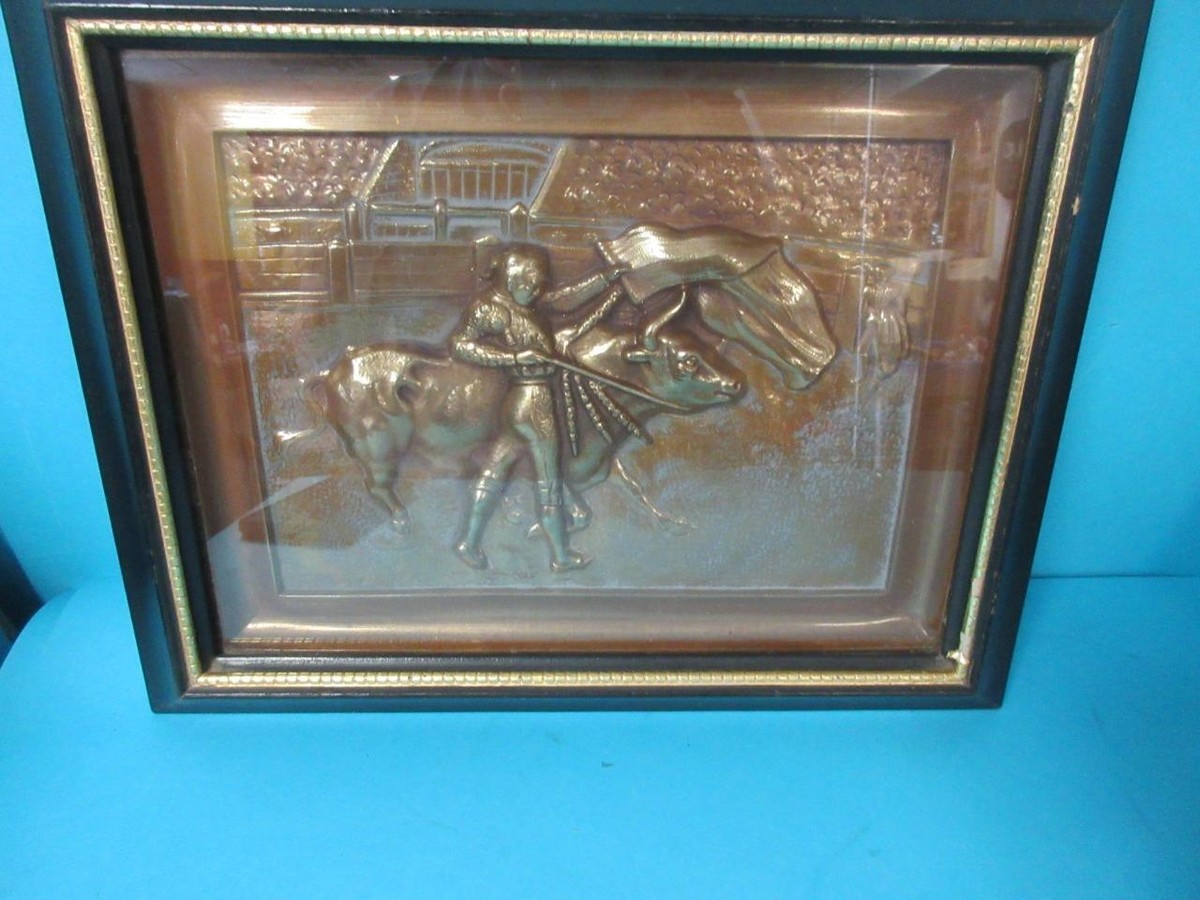 LOT OF 2 VINTAGE TURNER BULL FIGHTER MATADOR EMBOSSED BRASS/COPPER