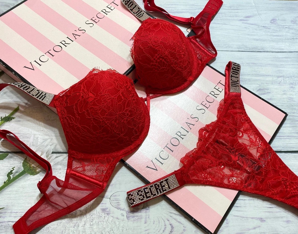 Victoria's Secret Shine Strap Bombshell Lace Push-Up Bra Thong Garter Set  Red