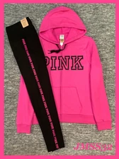 Victoria's Secret Pink Full Zip Hoodie + Leggings Set Neon Fuchsia Black XL NWT