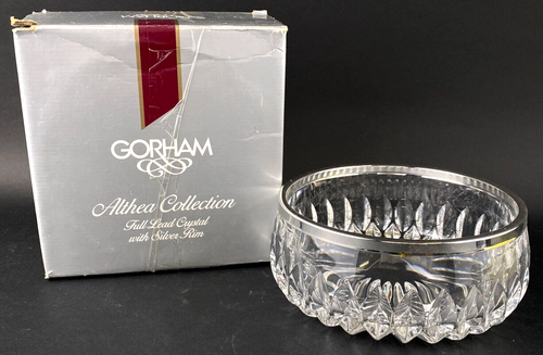 Vintage Gorham Althea Full Lead Crystal Bowl w/ Silver Rim #YC563 8" Germany New