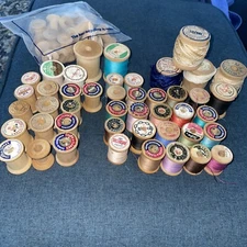 45 Vintage Antique Mixed Thread Lot Wooden Spool Blank + Cotton Nylon Sewing